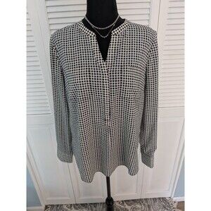 Talbots Shirt Womens M Black White Star Chevron Half Button Top Blouse Corpcore